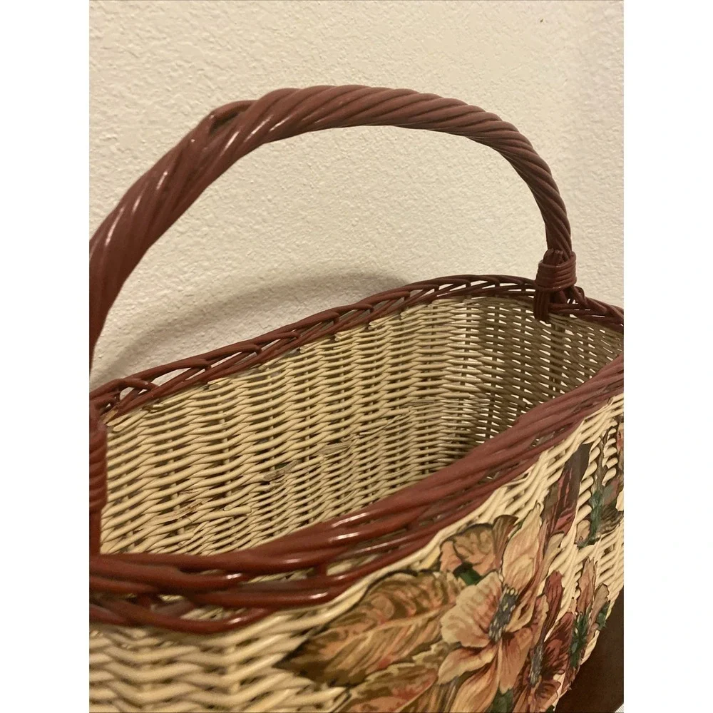 Vintage Woven Wicker Rattan Basket Featuring Prominent Floral And Bird Designs